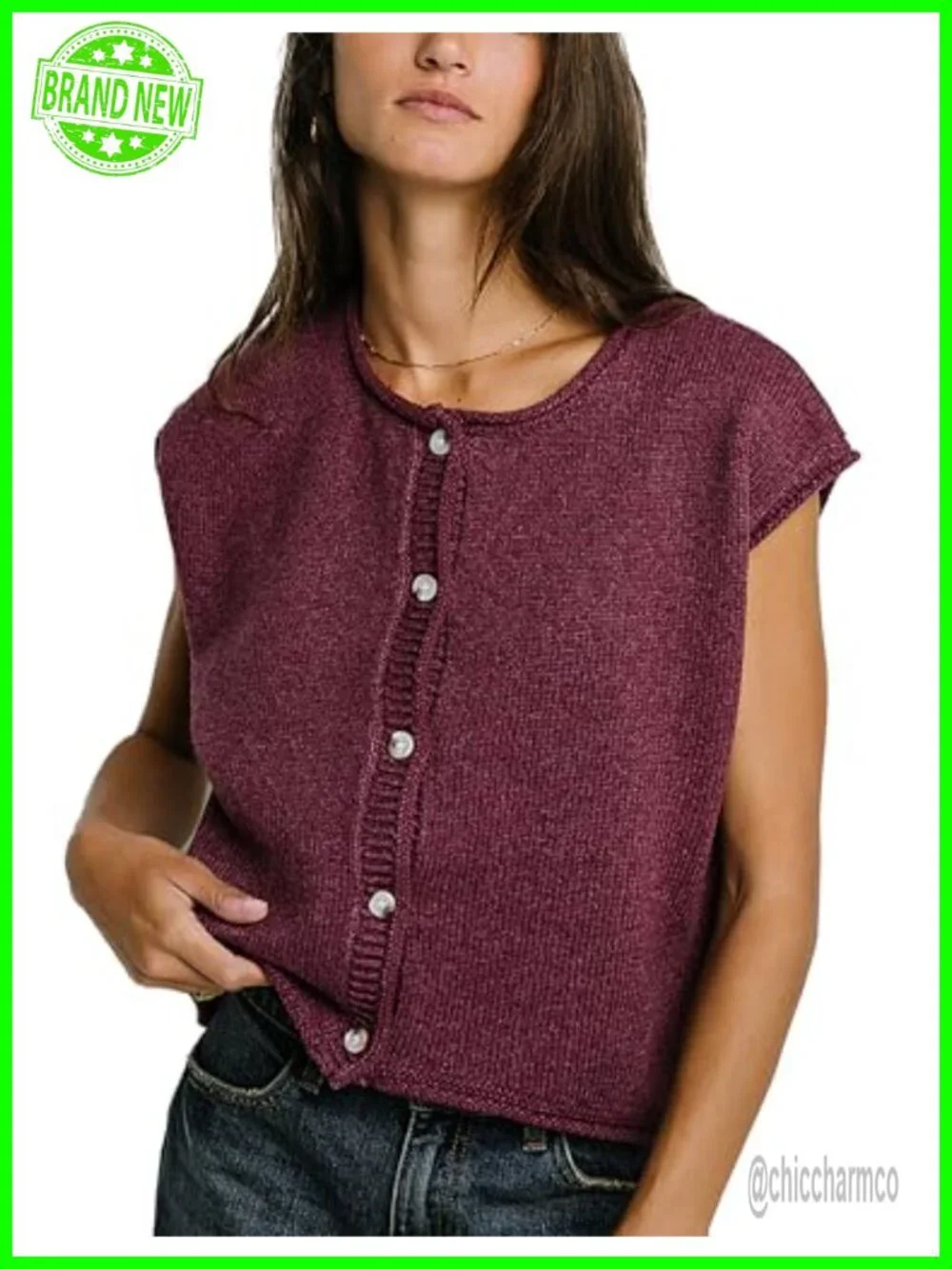 Knit Vest Button Front Crewneck Cap Sleeve Relaxed Fit